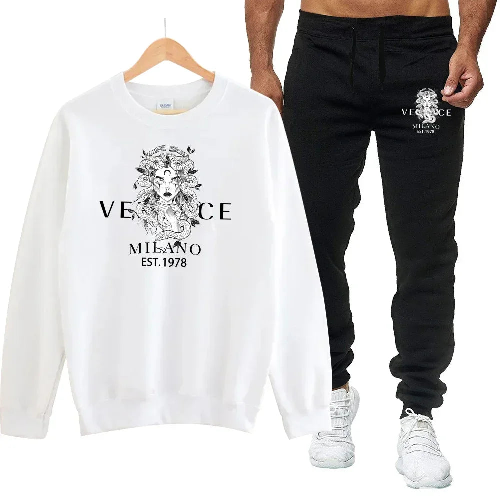 Men's autumn round neck sweatshirt set, luxurious printed simple casual sports set