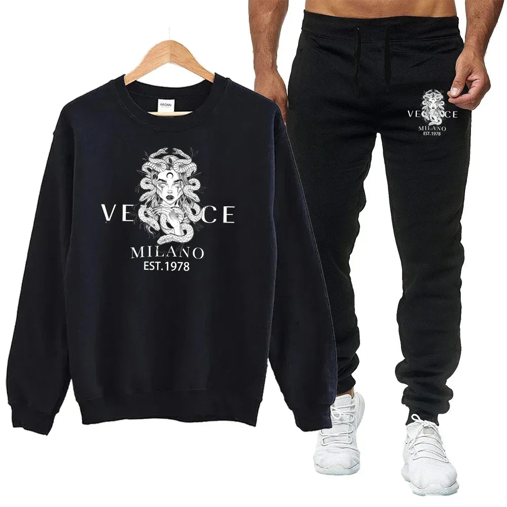 Men's autumn round neck sweatshirt set, luxurious printed simple casual sports set