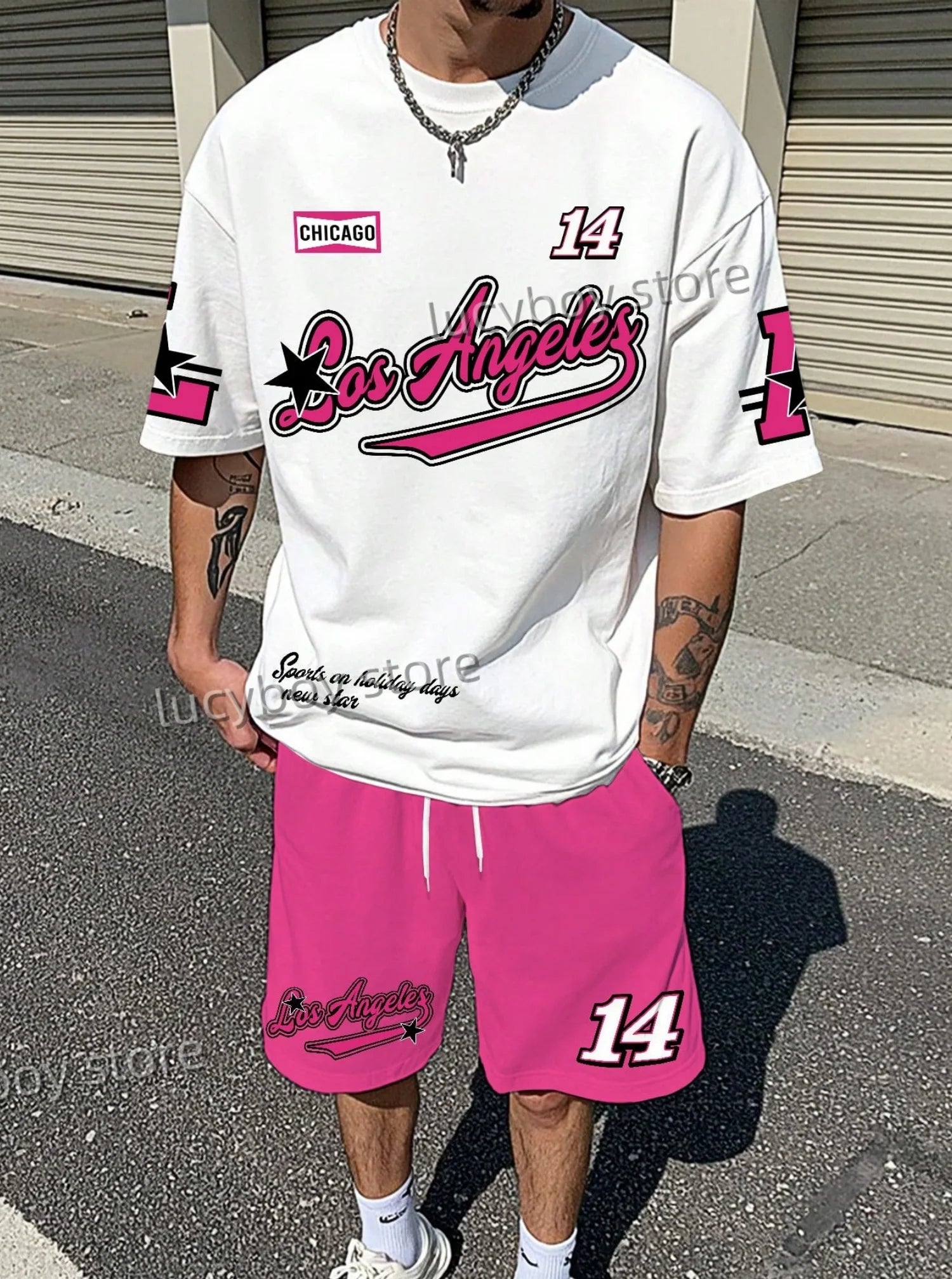 LOSANGLES NO.23 Print Men'S Summer Casual Short Sleeve T-Shirt Shorts Set Adult Basketball JoggingOversized 2 Piece Set Clothes